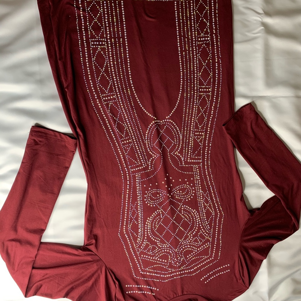Burgundy Rhinestone Studded Mock Neck Dress. - Picture 4 of 7